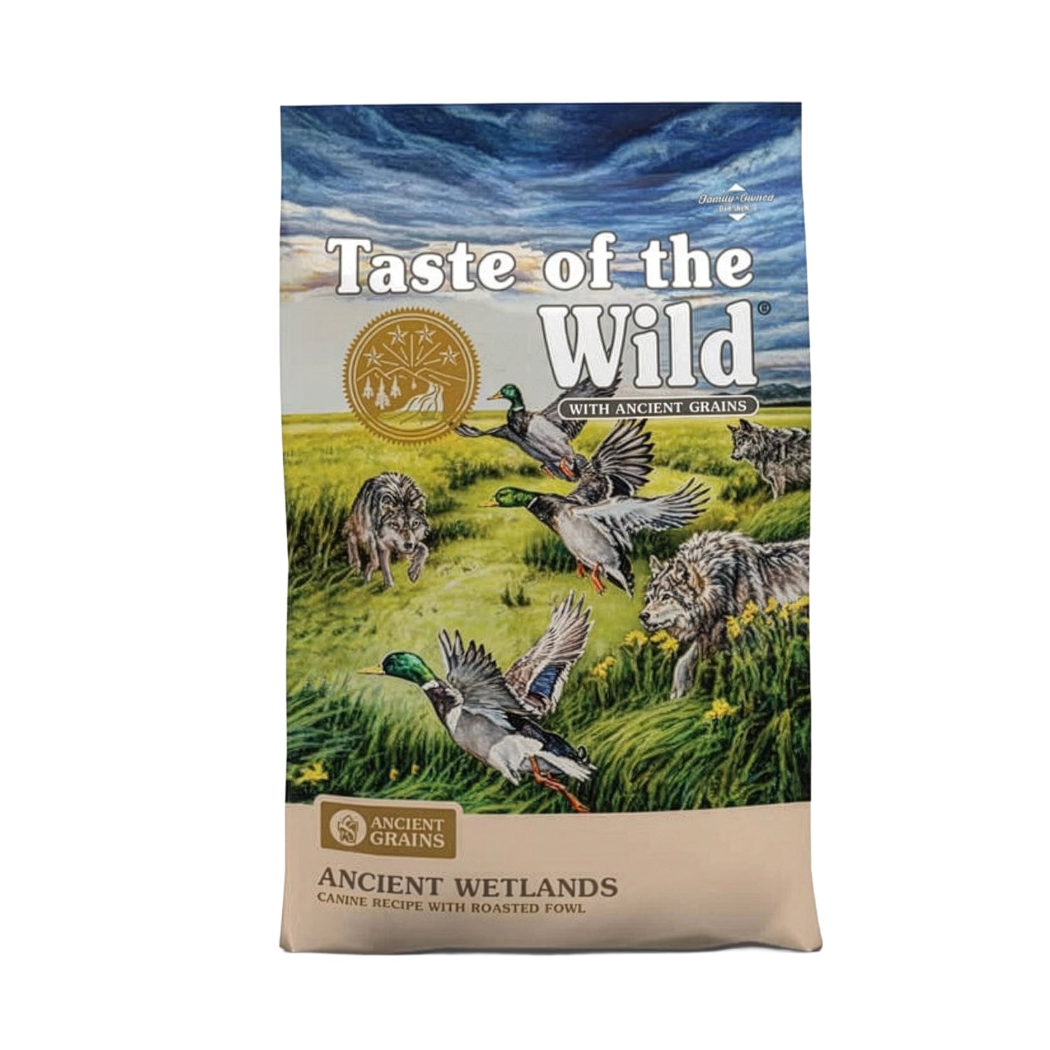 Taste of the Wild Granos ancestrales Ancient Wetlands Pato Asado para Perros alimento seco con patos y lobos en humedal
