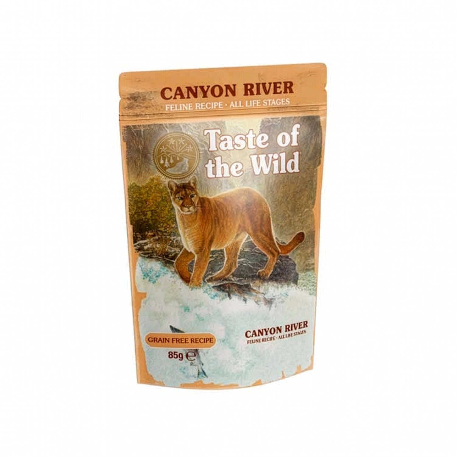 Pouch Taste of the Wild Pouch Canyon River para Gatos con receta grain free e ilustración de puma salvaje.