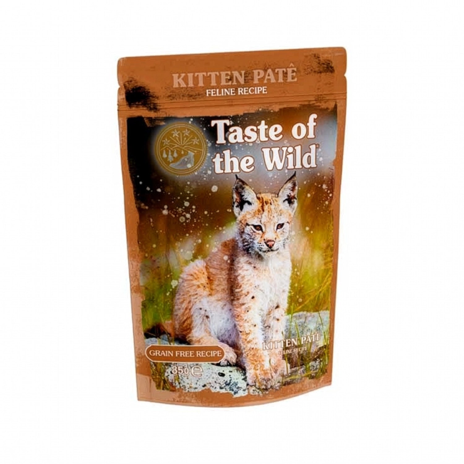 Taste of the Wild Pouch Pate Pollo para Gatitos 85 g alimento húmedo con diseño de gatito en fondo natural y bolsa flexible