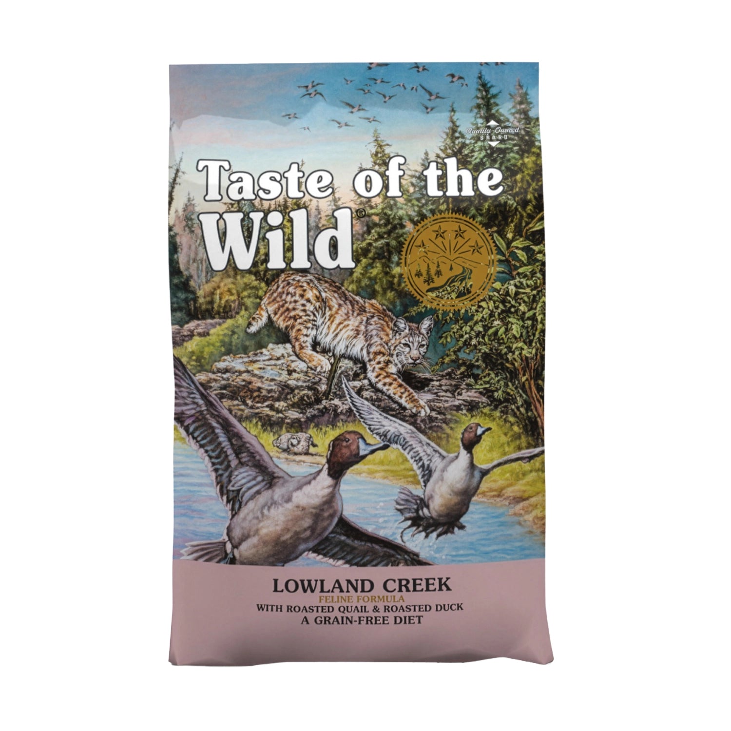 Taste of the Wild Lowland Creek para Gatos alimento seco en bolsa con gato salvaje cazando aves en río, receta grain free