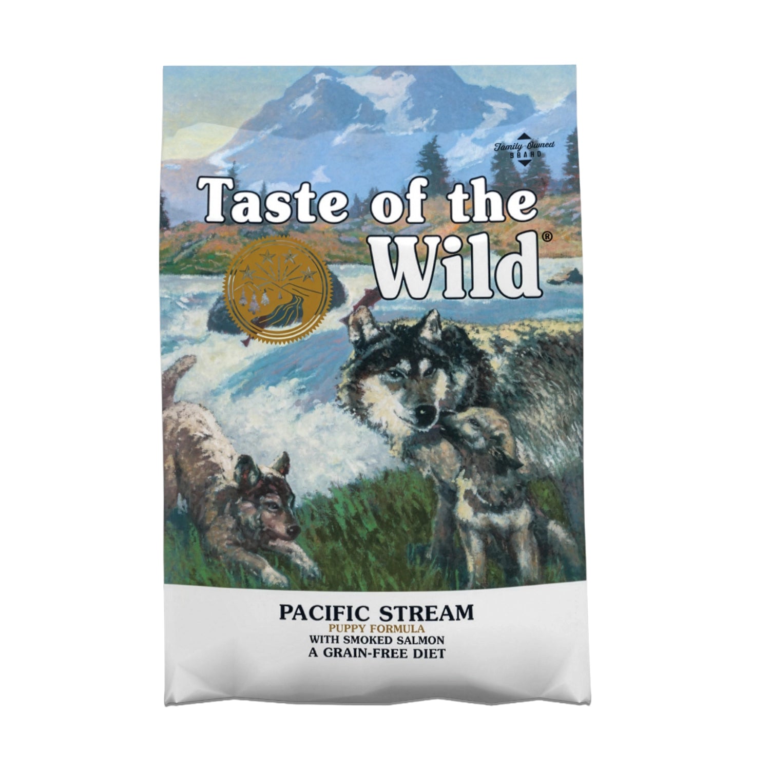 Taste of the Wild Pacific Stream Puppy para Cachorro saco de alimento premium con ilustración de lobos y paisaje natural, fórmula grain free