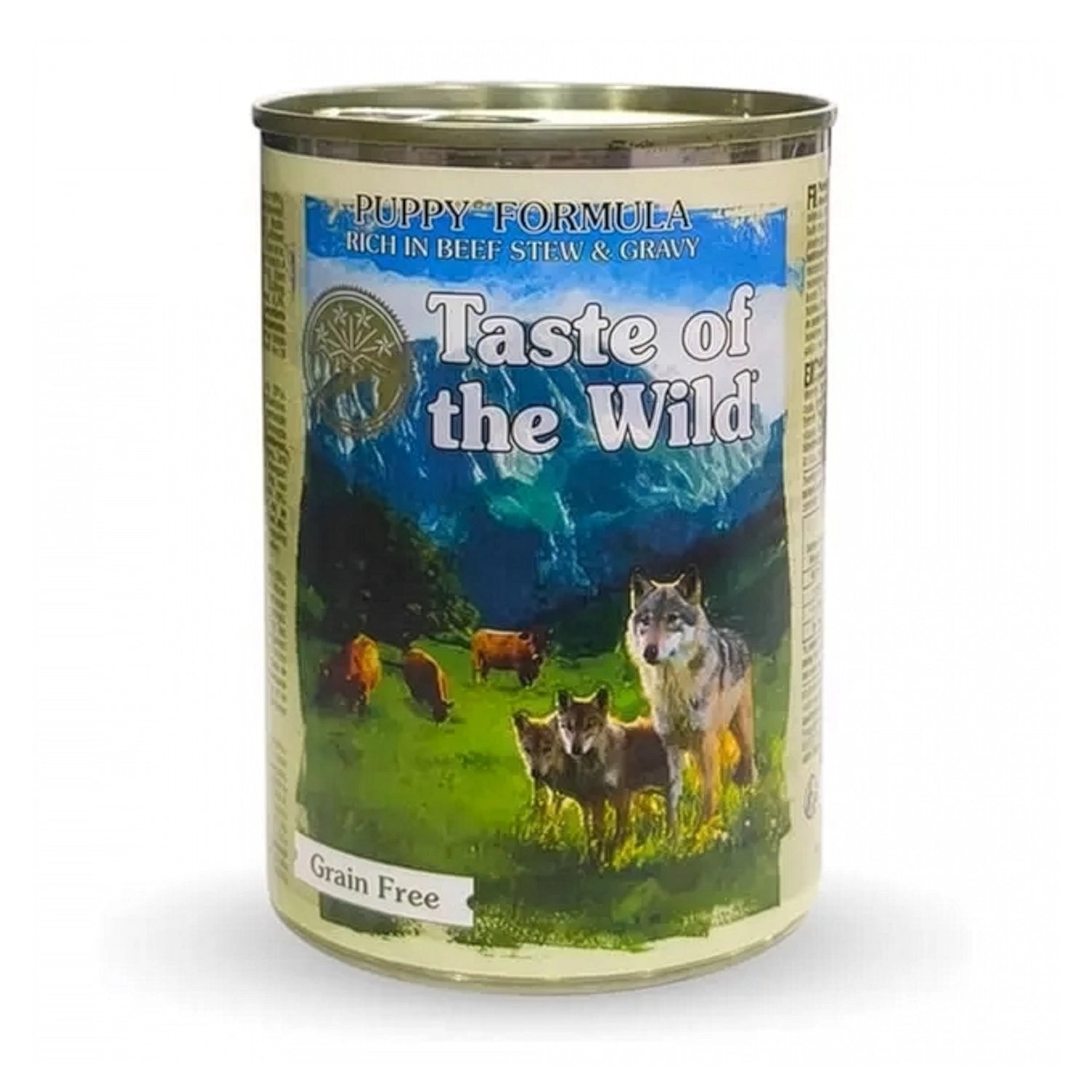 Taste of the Wild Lata Beef Stew para Cachorros con ilustración de lobos, receta de estofado de res y alimento húmedo grain free.