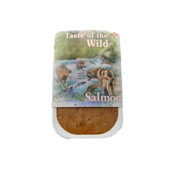 Taste of the Wild Tray Salmón para Perros 390 g alimento húmedo en bandeja con ilustración de lobos pescando en río