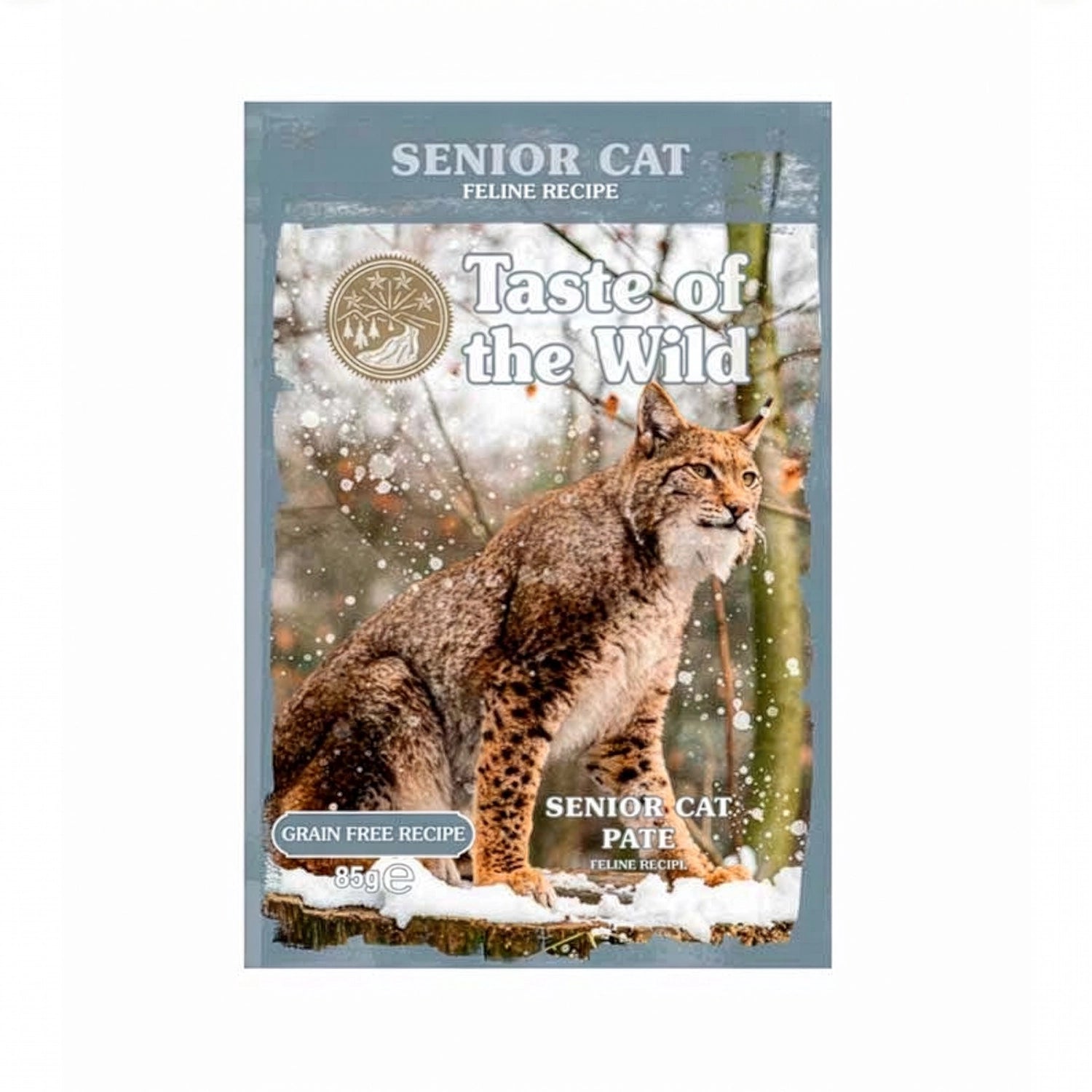 Taste of the Wild Pouch Pate Pollo para Gatos Senior 85 g con imagen de lince en nieve y empaque gris de alimento 
