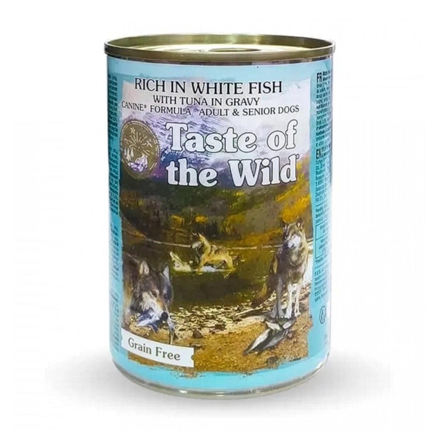 Taste of the Wild Lata Whitefish/Tuna para Perros Adultos y Senior con ilustración de lobos, pescado blanco y atún en salsa.