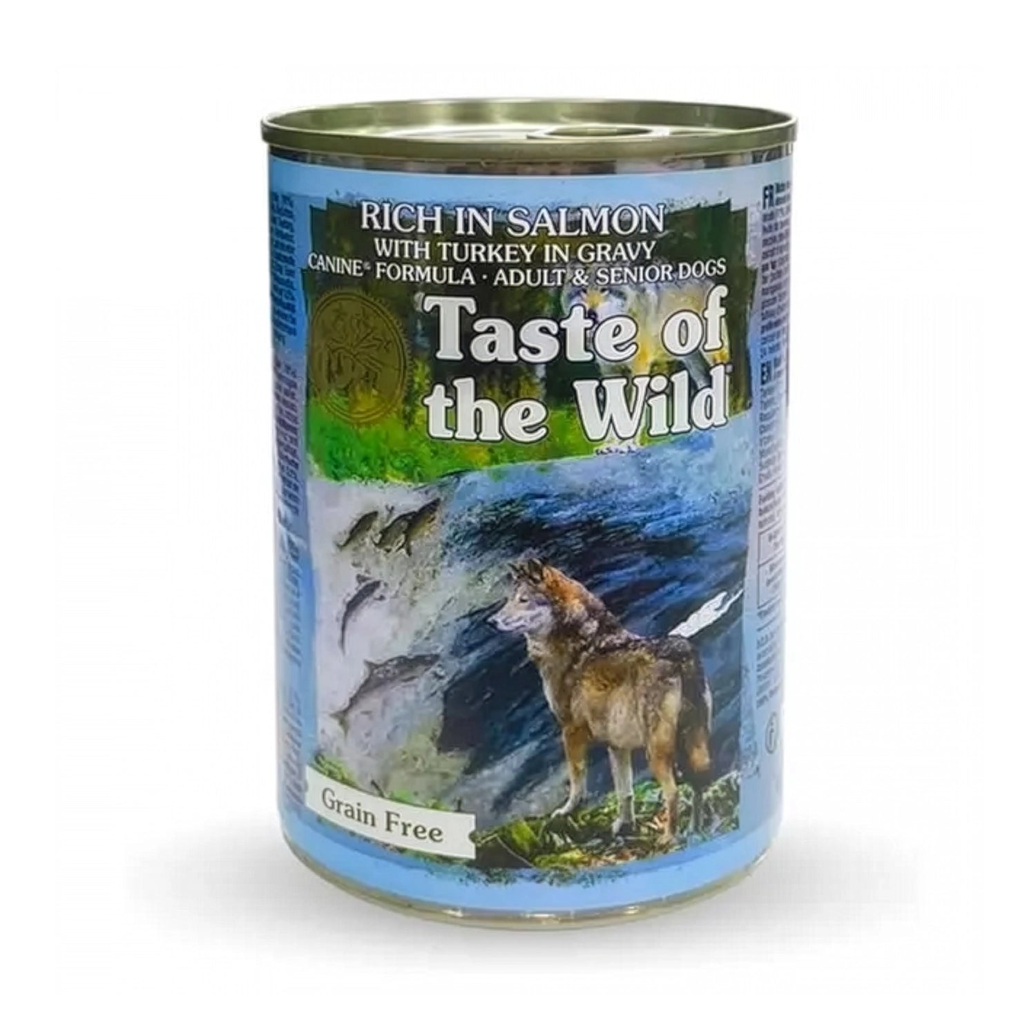 Taste of the Wild Lata Salmon/Turkey para Perros Adultos y Senior con ilustración de lobo, salmón y fórmula húmeda grain free.