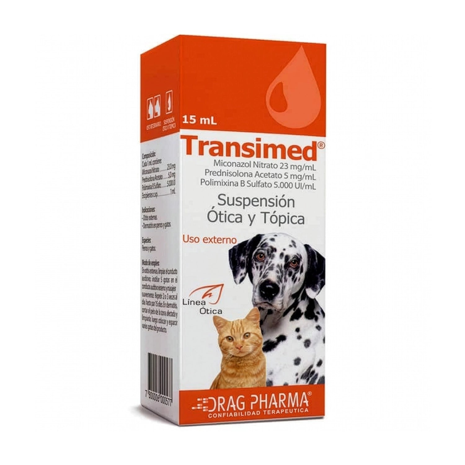 Envase de Transimed 15 ml Drag Pharma suspensión ótica y tópica veterinaria para perros y gatos de uso externo.