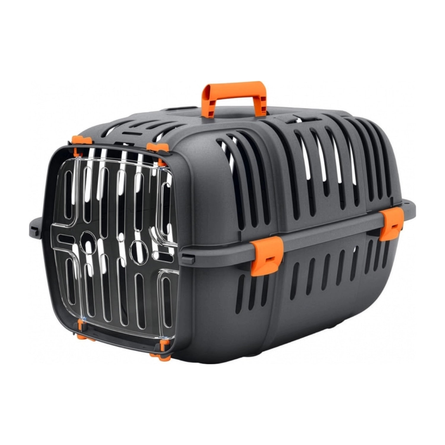 Transportadora Jet 10 Ferplast para perros y gatos pequeños, con puerta transparente, amplias rejillas de ventilación y cierres naranjos.