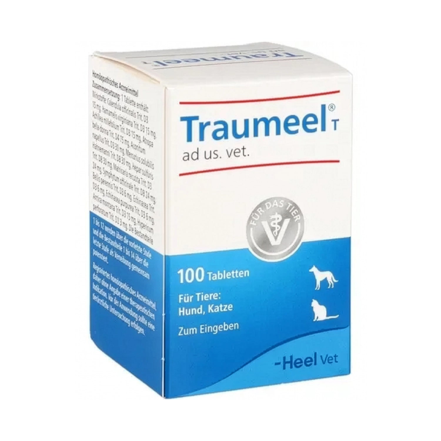 Heel Vet Traumeel para perros y gatos en envase de 100 tabletas con diseño veterinario blanco y azul.