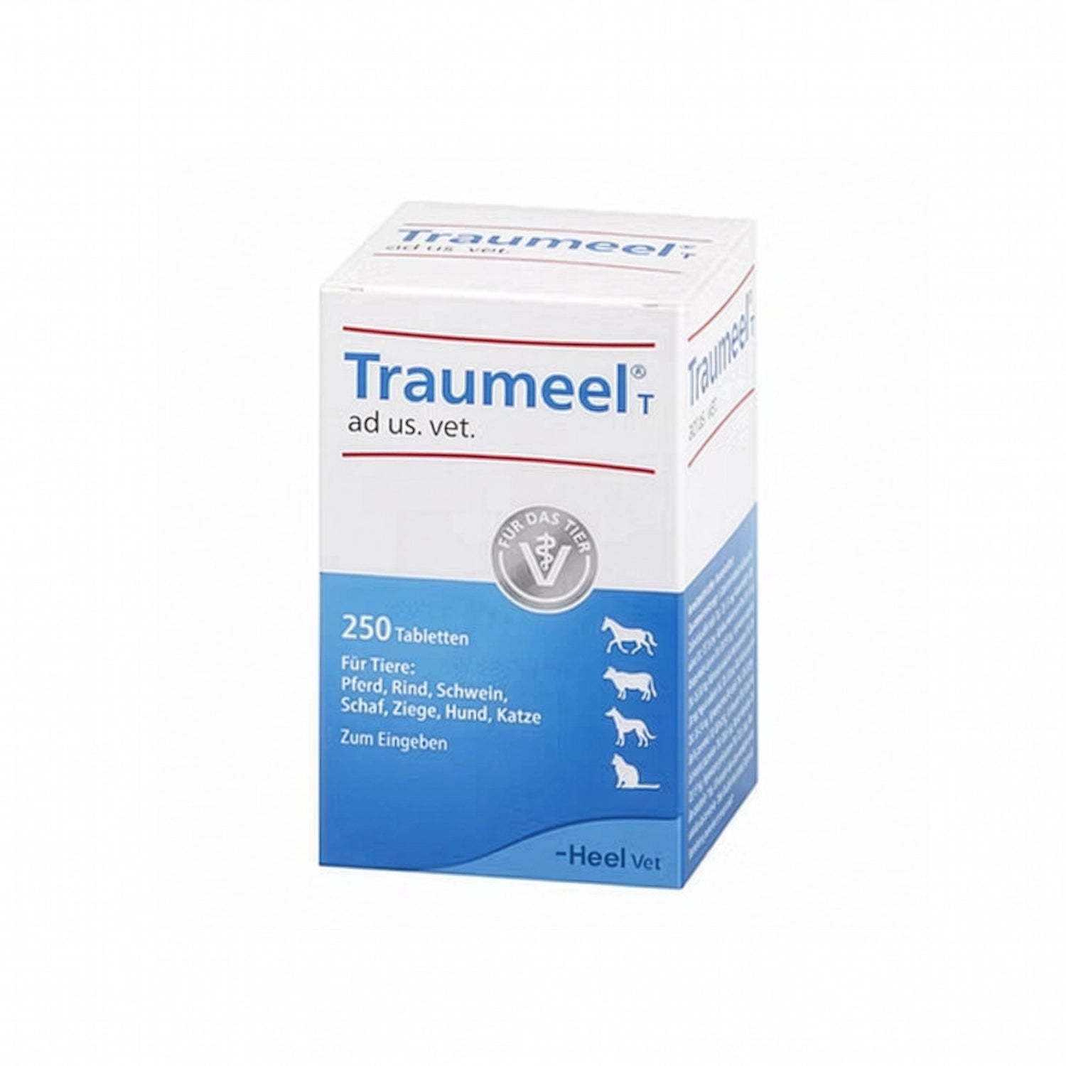 Heel Vet Traumeel (250 comprimidos) en caja blanca y azul para uso veterinario en perros, gatos y animales mayores.