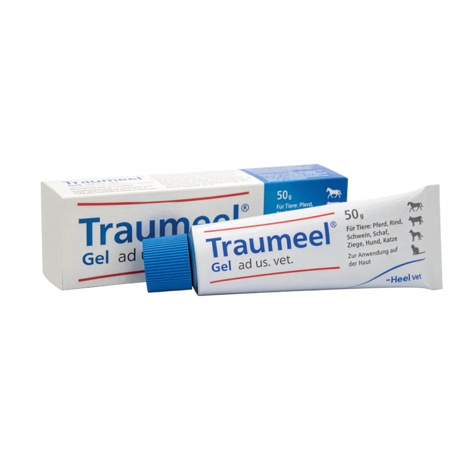 Heel Vet Traumeel Pomada en tubo y caja de 50 g para uso veterinario, gel tópico para perros y gatos.