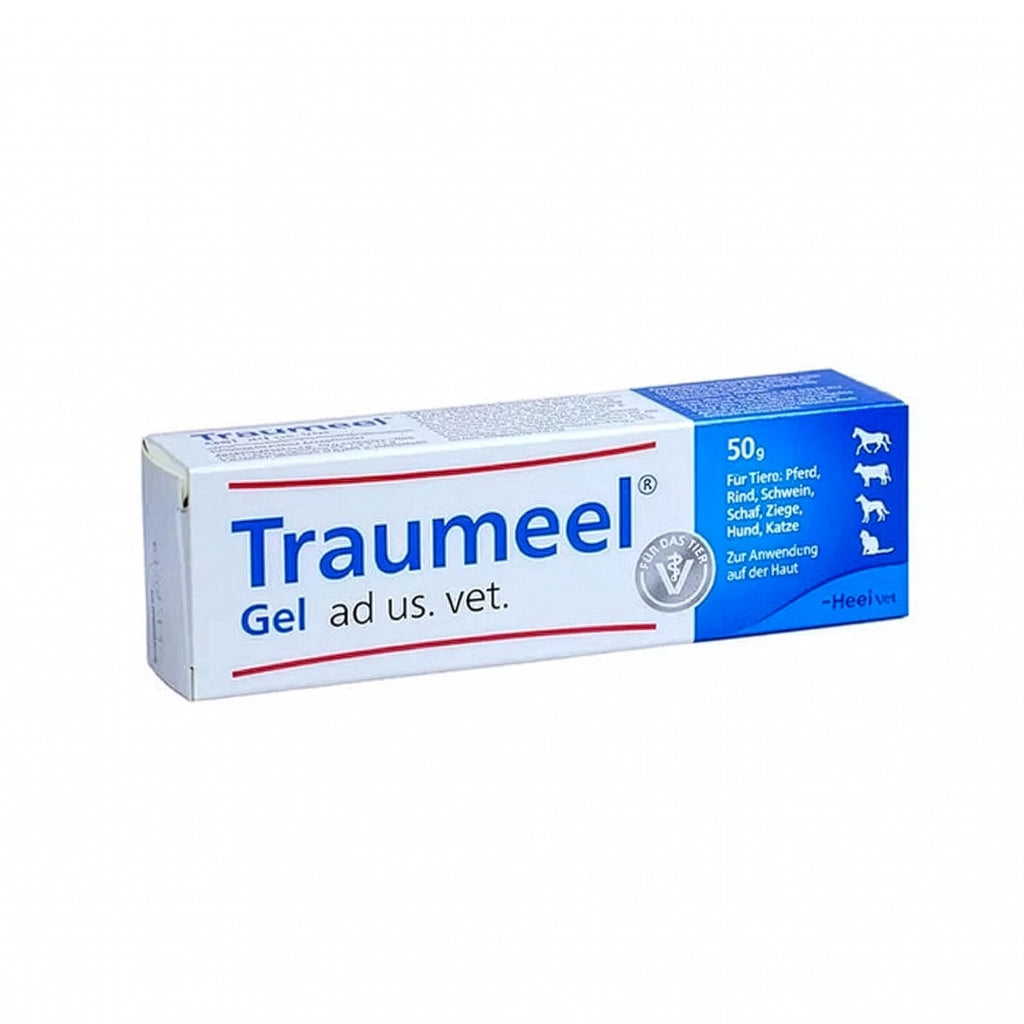 Heel Vet Traumeel Pomada en tubo y caja de 50 g para uso veterinario, gel tópico para perros y gatos.