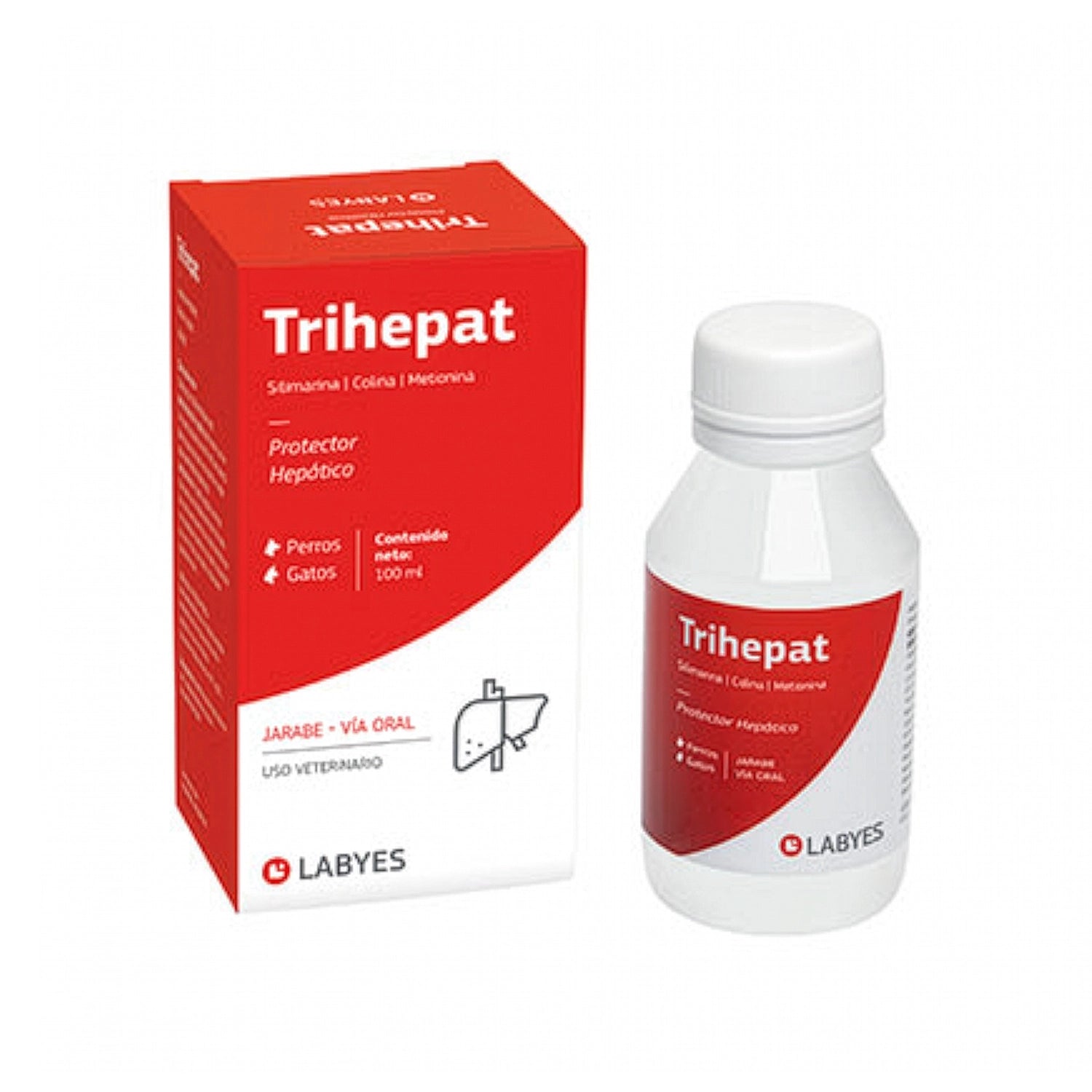 Trihepat Jarabe Protector Hepático 100 ml Labyes en caja y frasco oral para perros y gatos, diseño rojo y blanco.