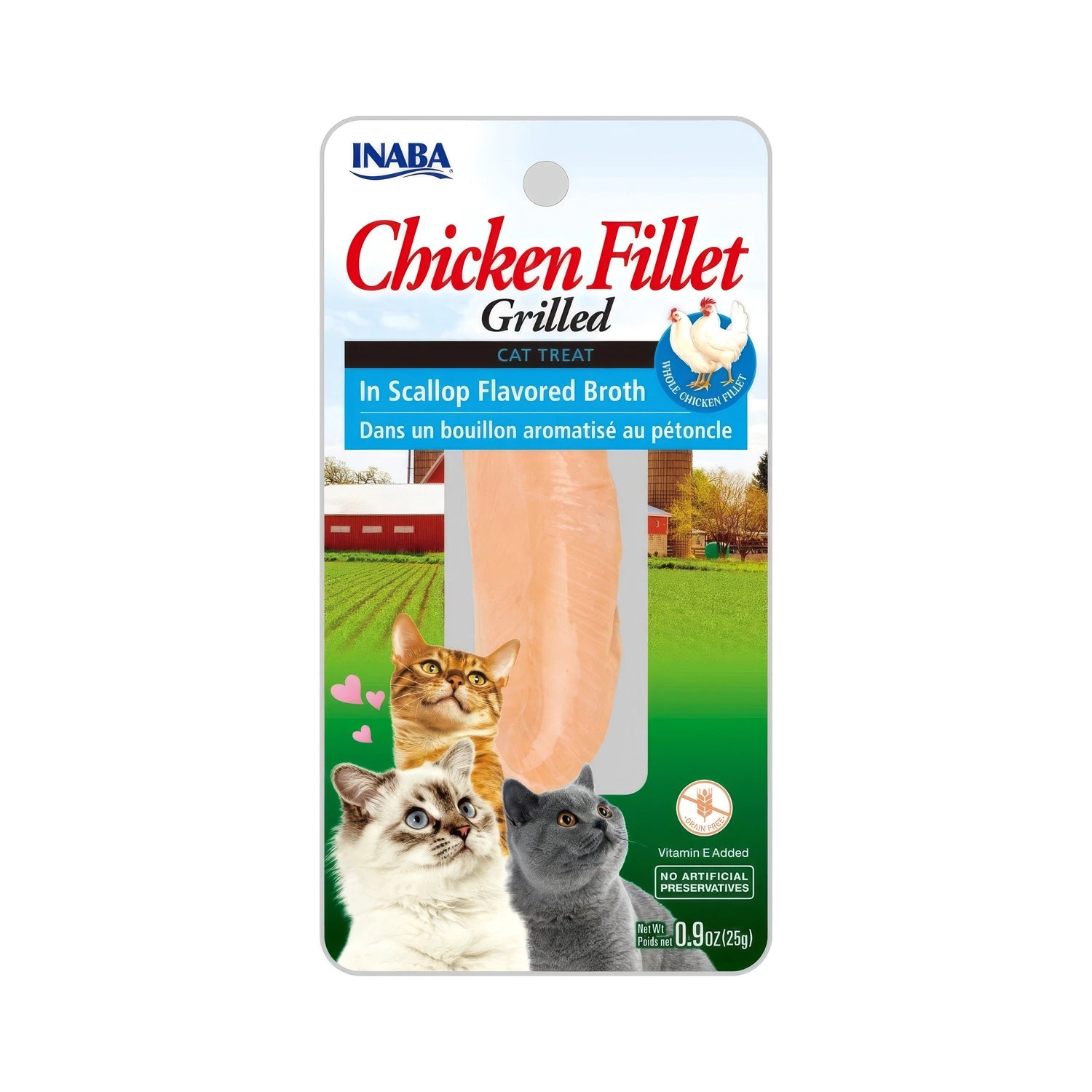 Snack Filete de Pollo Asado "CIAO" en Caldo de Pollo, premio para gatos con filete entero de pollo y empaque con gatos.