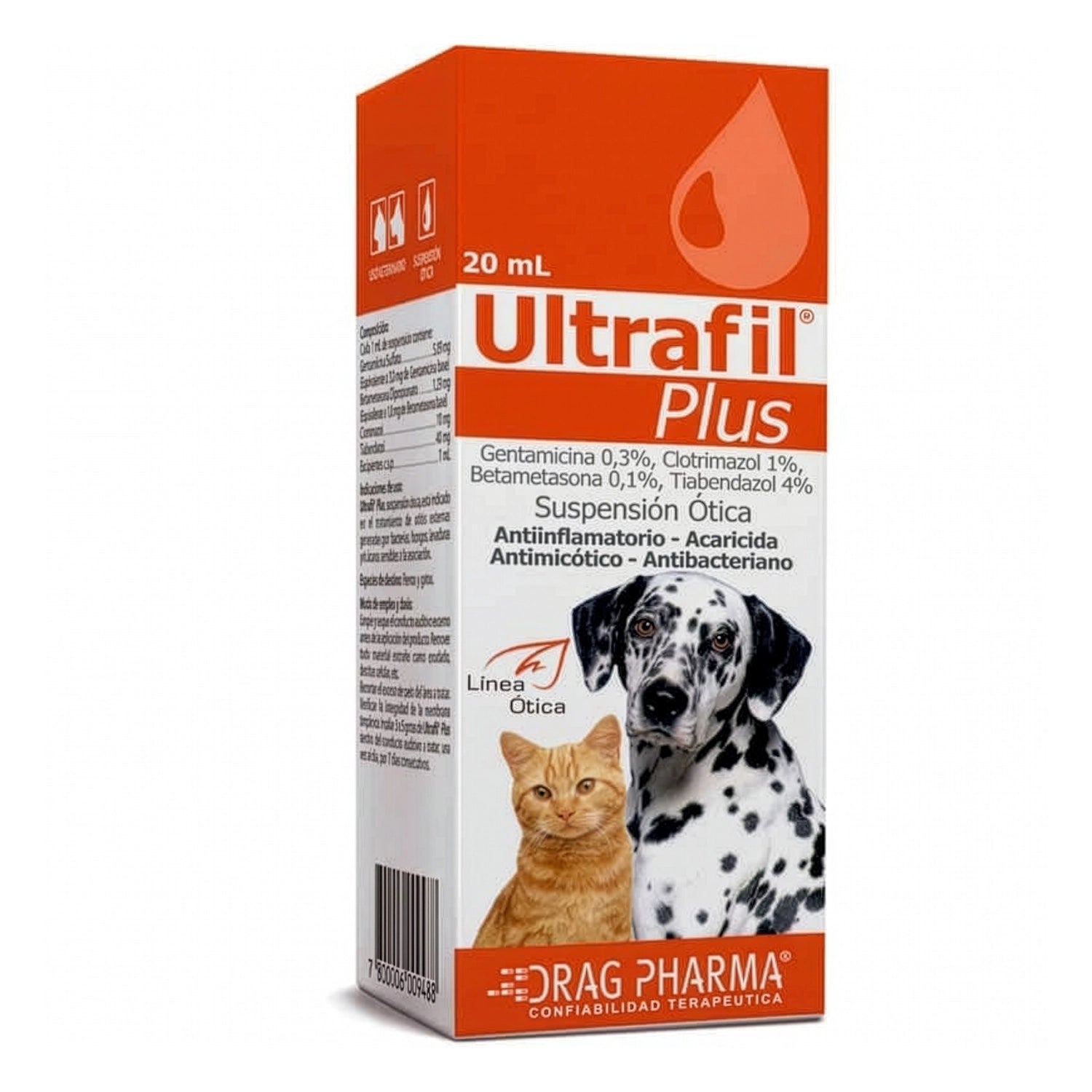 Ultrafil Plus Suspensión Ótica Drag Pharma en envase naranja de 20 mL para higiene y salud ótica en perros y gatos.