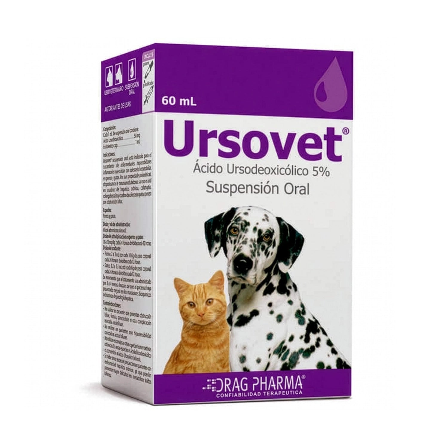 Caja Ursovet 60 ml suspensión oral para perros y gatos, con diseño morado e imágenes de un dálmata y gato.