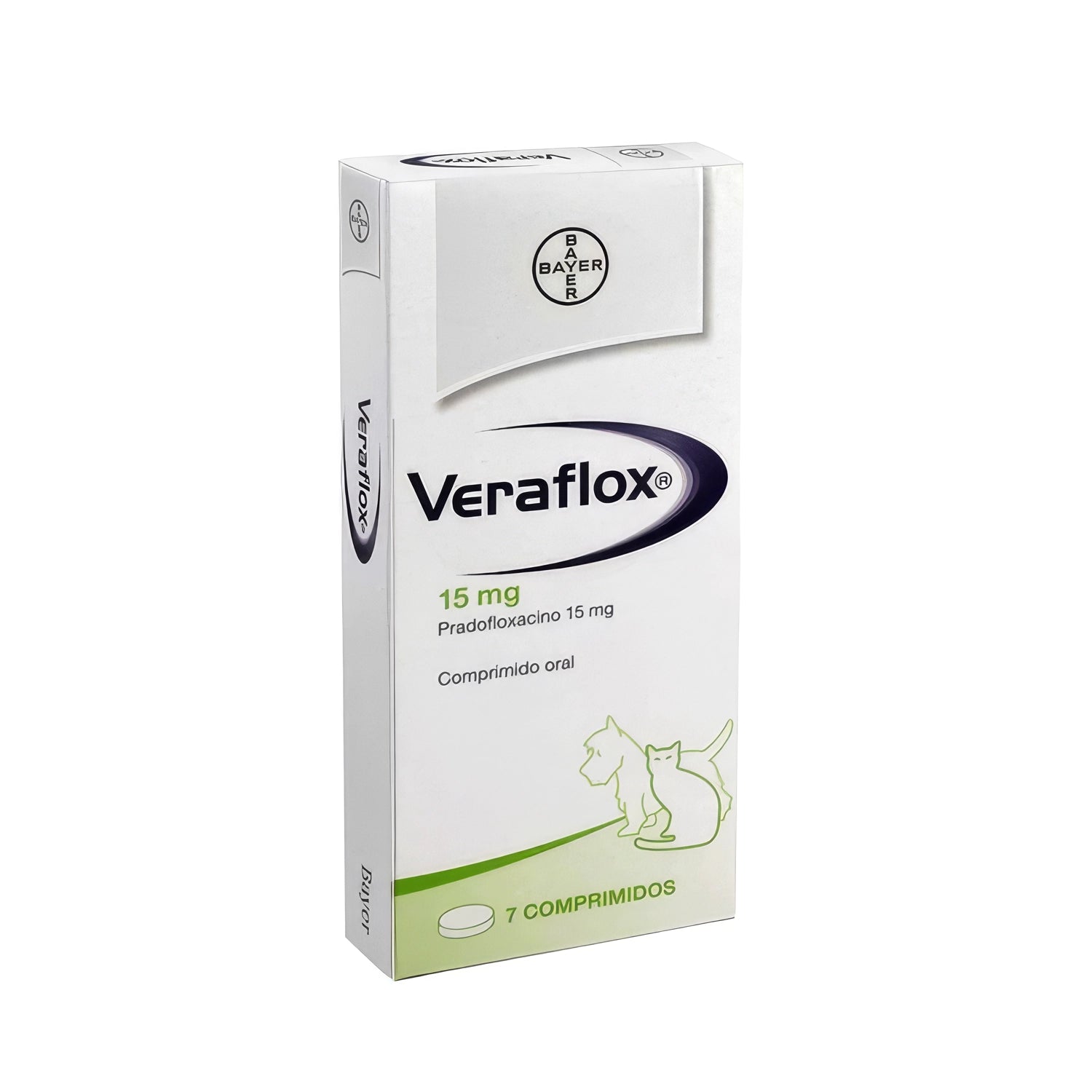 Veraflox 15 mg x 7 comprimidos para perros y gatos, caja con pradofloxacino oral de Bayer para uso veterinario.