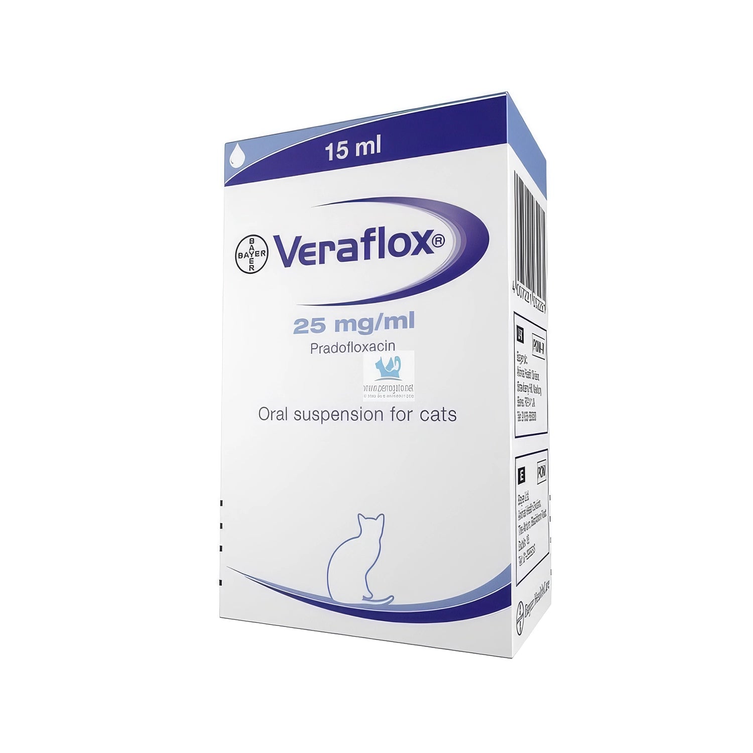 Veraflox 25 mg Suspensión Oral Gatos, caja de 15 ml con pradofloxacino para administración oral en felinos.