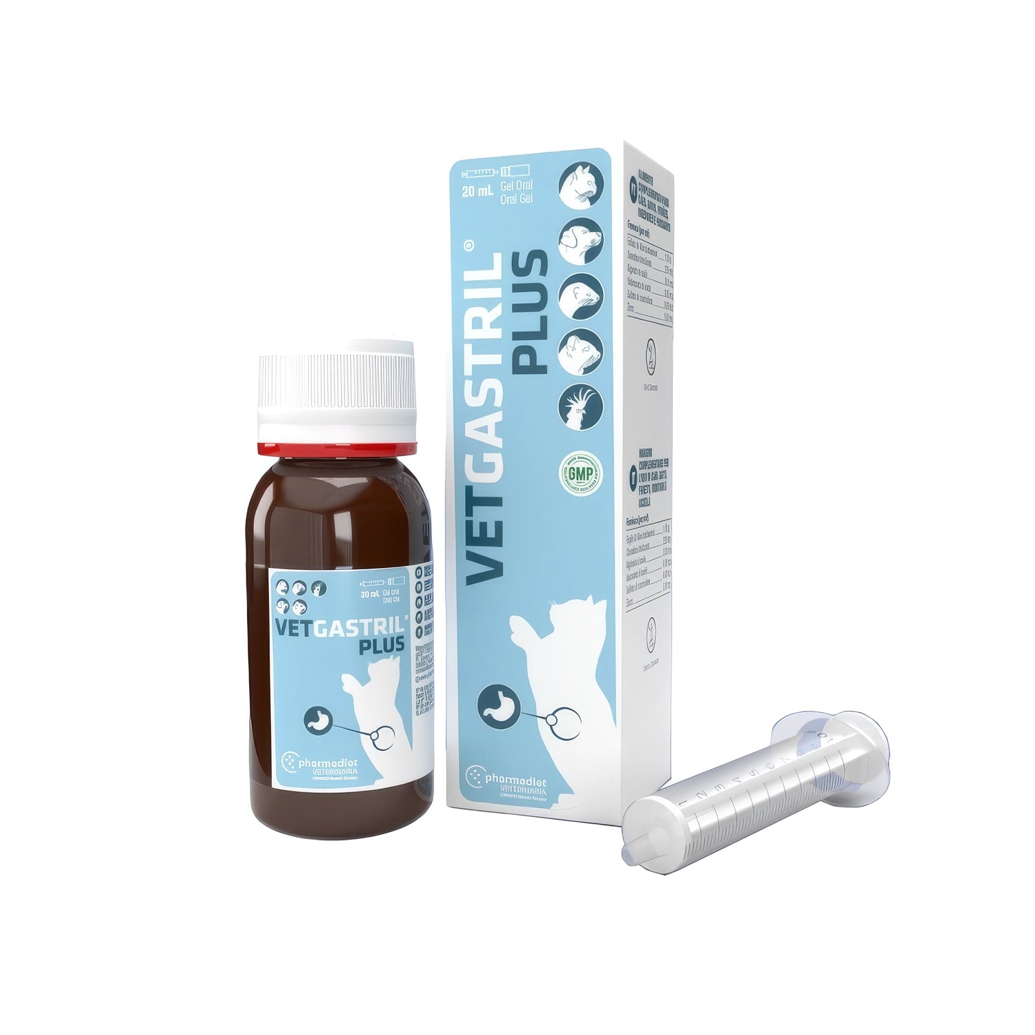 Vetgastril Gel en frasco de 20 mL con caja y jeringa dosificadora, gel oral veterinario para perros, gatos y mascotas.