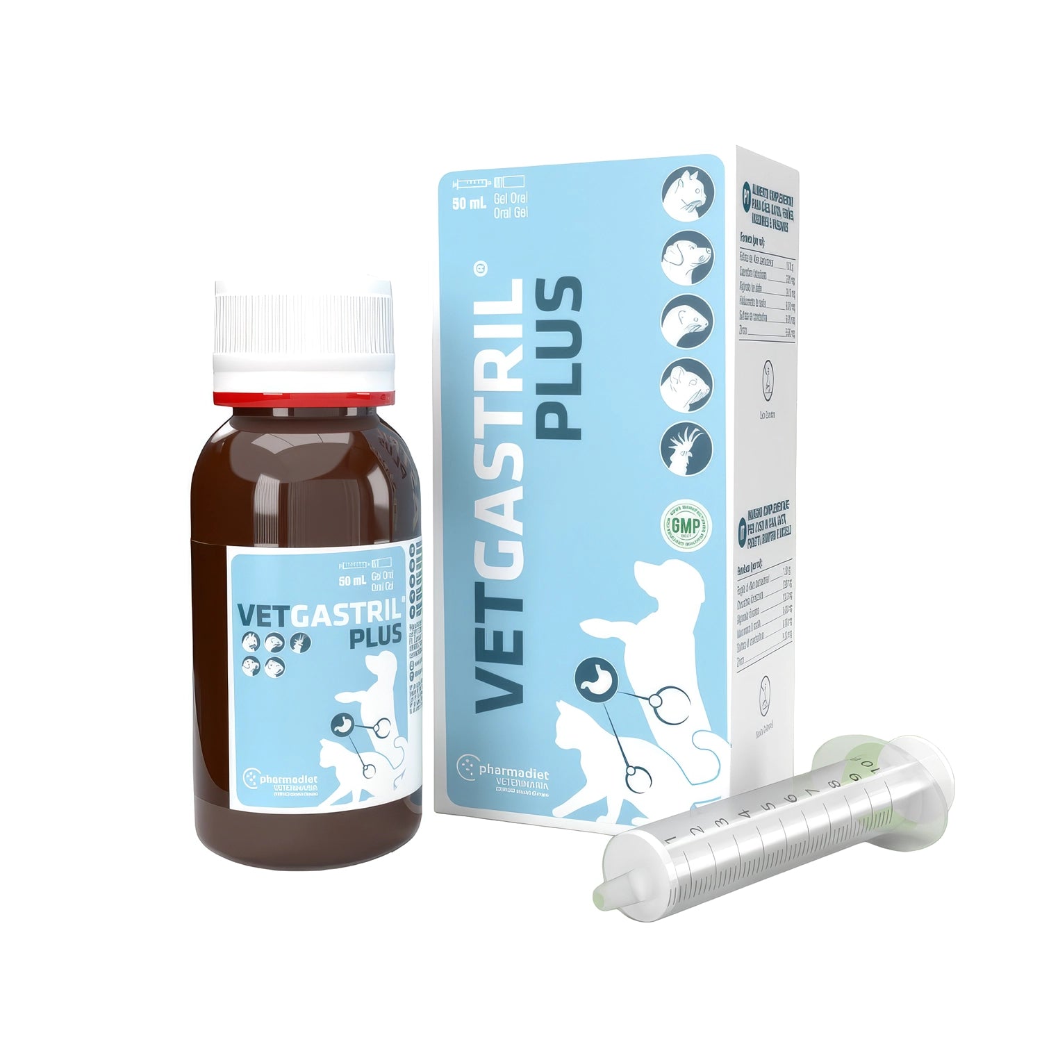 Vetgastril Gel en frasco de 50 mL con caja y jeringa dosificadora, gel oral veterinario para perros, gatos y mascotas.