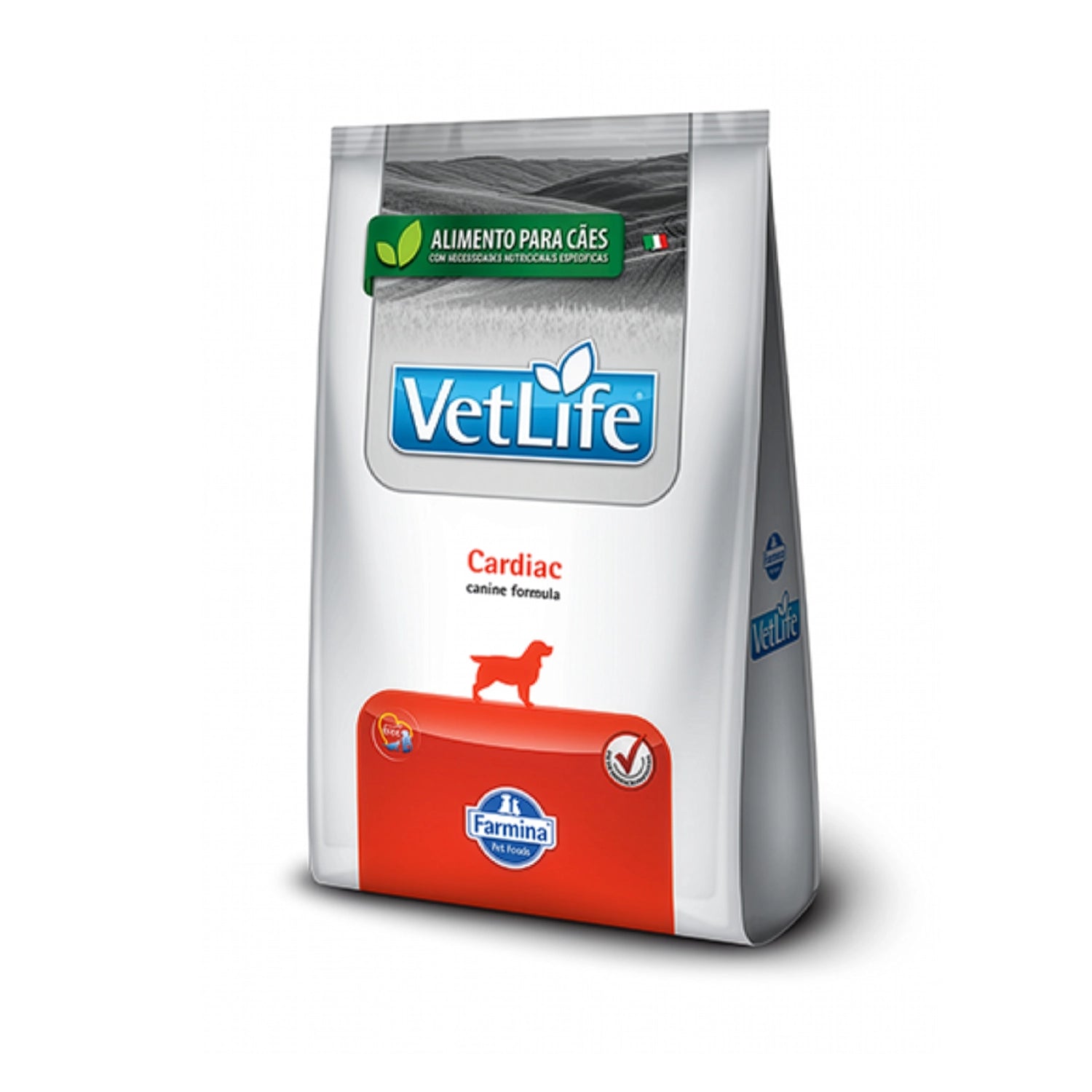 Vet Life Cardiac para Perros alimento seco Farmina en bolsa blanca con detalles naranjos, fórmula veterinaria para salud cardíaca