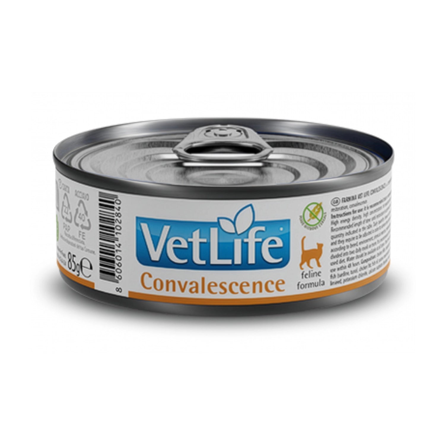 Vet Life Lata Convalescence para Gatos en envase metálico con etiqueta blanca y naranja, alimento húmedo veterinario para recuperación felina