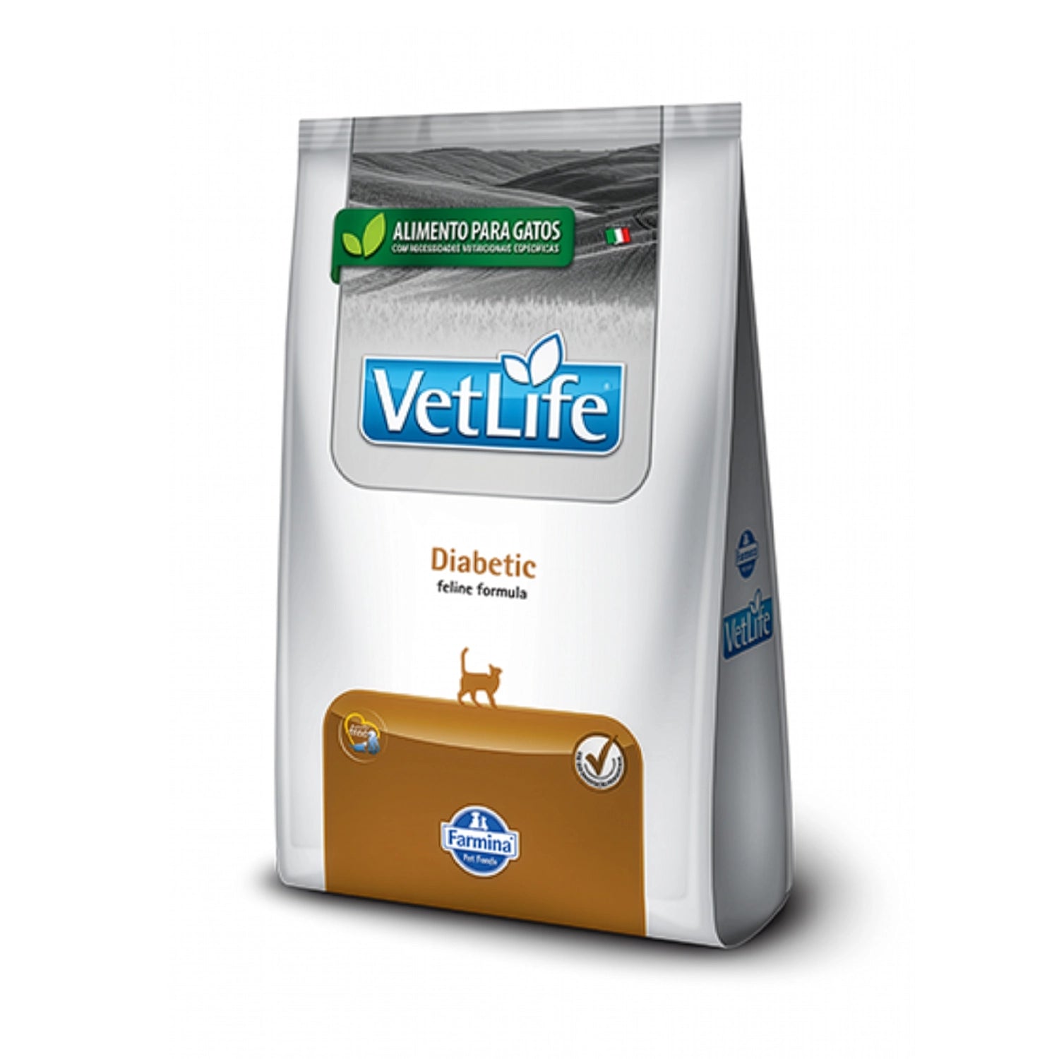 Vet Life Diabetic para Gatos saco de alimento clínico Farmina blanco y naranjo, indicado para gatos con diabetes y control metabólico