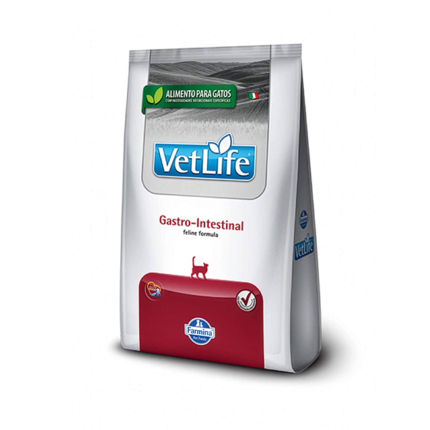 Vet Life Gastro-Intestinal para Gatos en bolsa blanca con detalles rojos, alimento seco veterinario para salud digestiva felina