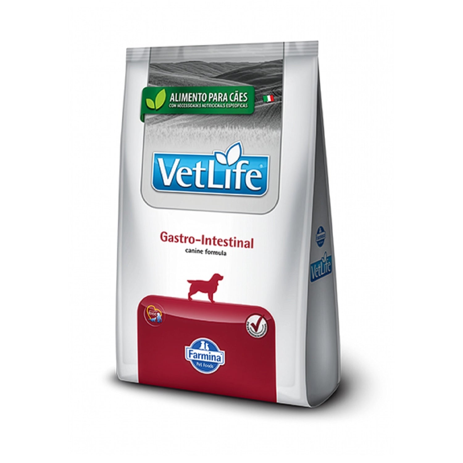 Vet Life Gastro-Intestinal para Perros alimento seco en bolsa blanca y roja con logo Farmina, dieta veterinaria digestiva