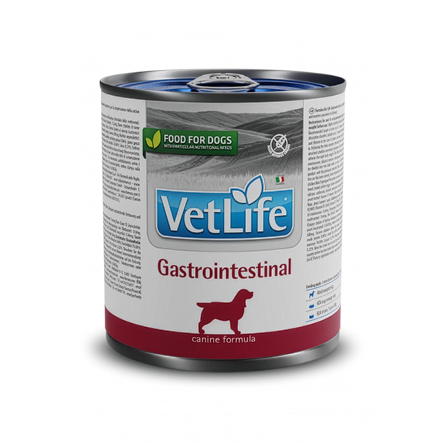 Vet Life Lata Gastrointestinal para Perros comida húmeda Farmina en envase metálico blanco con detalles rojos, indicada para trastornos digestivos