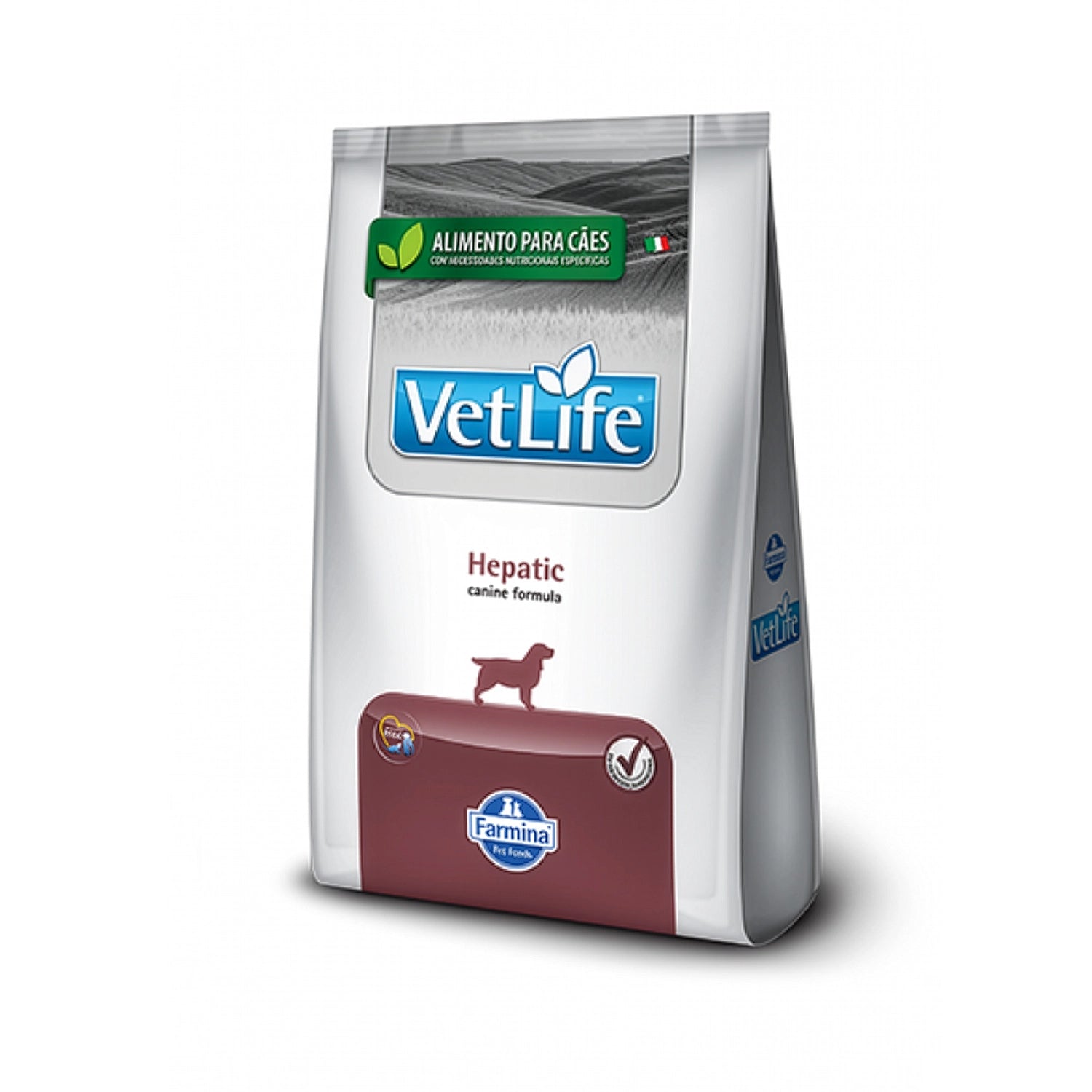 Vet Life Hepatic para Perros alimento seco Farmina en bolsa blanca con detalles burdeos, fórmula veterinaria para soporte hepático