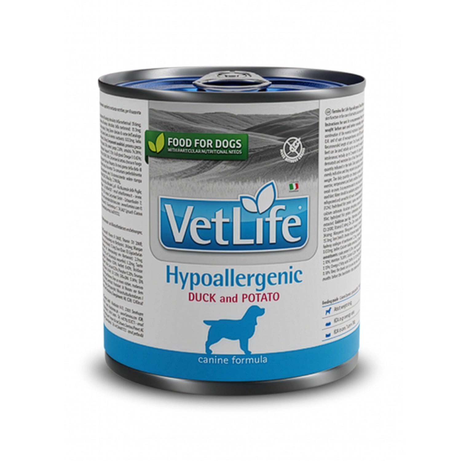Alimento húmedo Vet Life Lata Hypoallergenic Pato para Perros con receta de pato y papa para sensibilidad