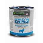 Vet Life Lata Hypoallergenic Pescado para Perros comida húmeda Farmina en envase metálico blanco y azul, dieta hipoalergénica con pescado