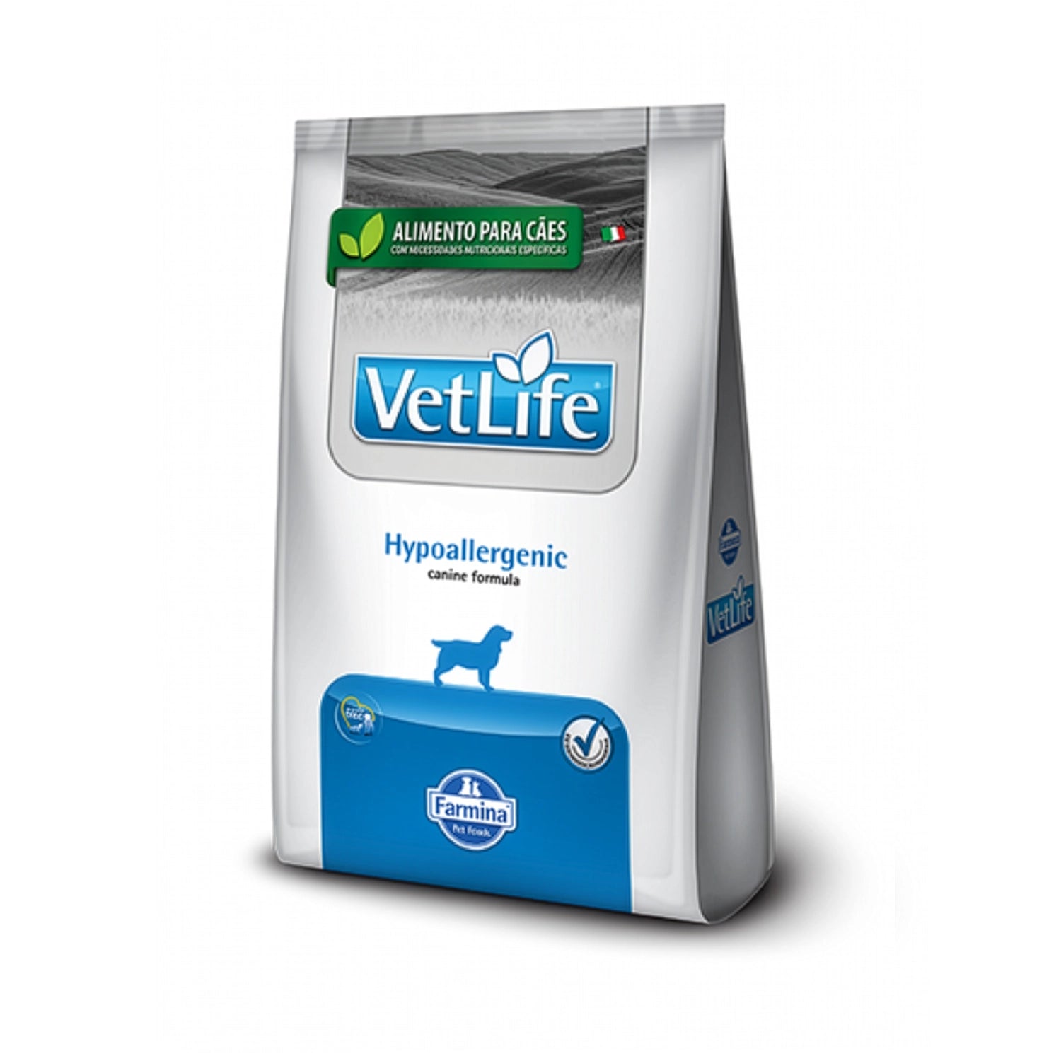 Vet Life Hypoallergenic para Perros alimento seco Farmina en bolsa blanca y azul, fórmula hipoalergénica para sensibilidad alimentaria