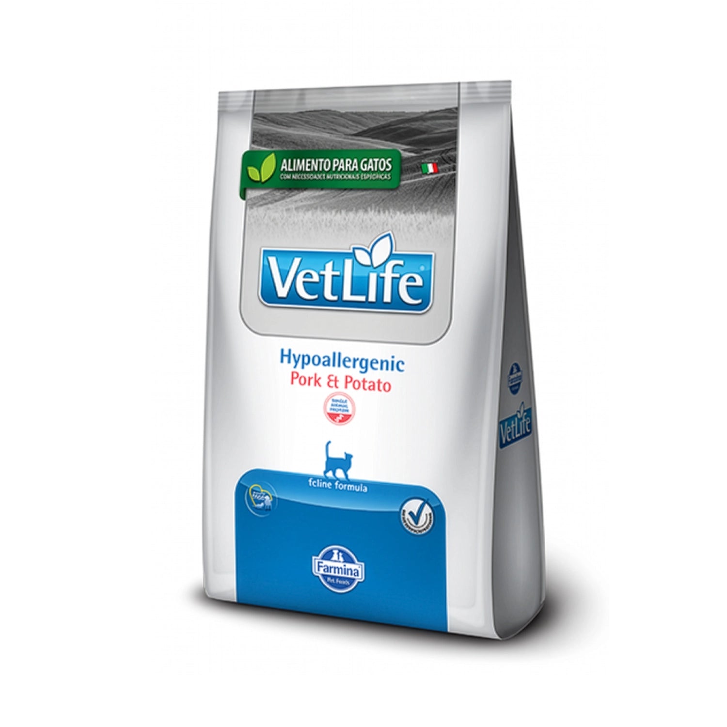 Vet Life Hipoalergénico Cerdo y Papa para Gatos en bolsa blanca con detalles azules, alimento seco veterinario para gatos con sensibilidad