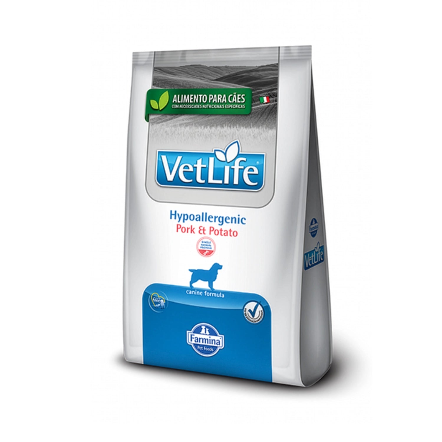 Vet Life Hipoalergénico Cerdo y Papa para Perros 10,1 Kg alimento seco Farmina en bolsa blanca y azul, fórmula para alergias alimentarias