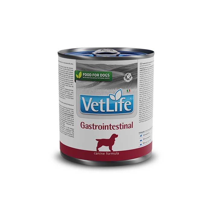Vet Life Lata Gastrointestinal para Perros comida húmeda Farmina en envase metálico blanco con detalles rojos, indicada para trastornos digestivos