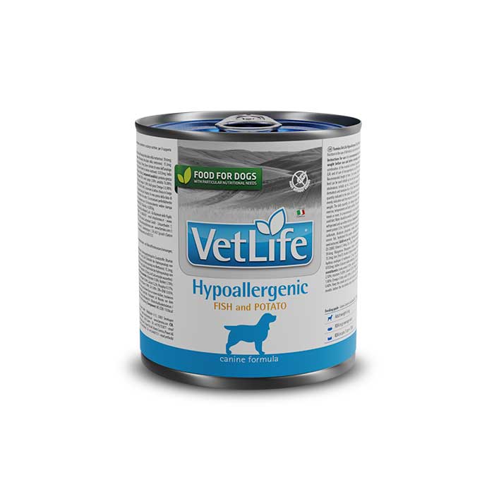 Vet Life Lata Hypoallergenic Pescado para Perros comida húmeda Farmina en envase metálico blanco y azul, dieta hipoalergénica con pescado