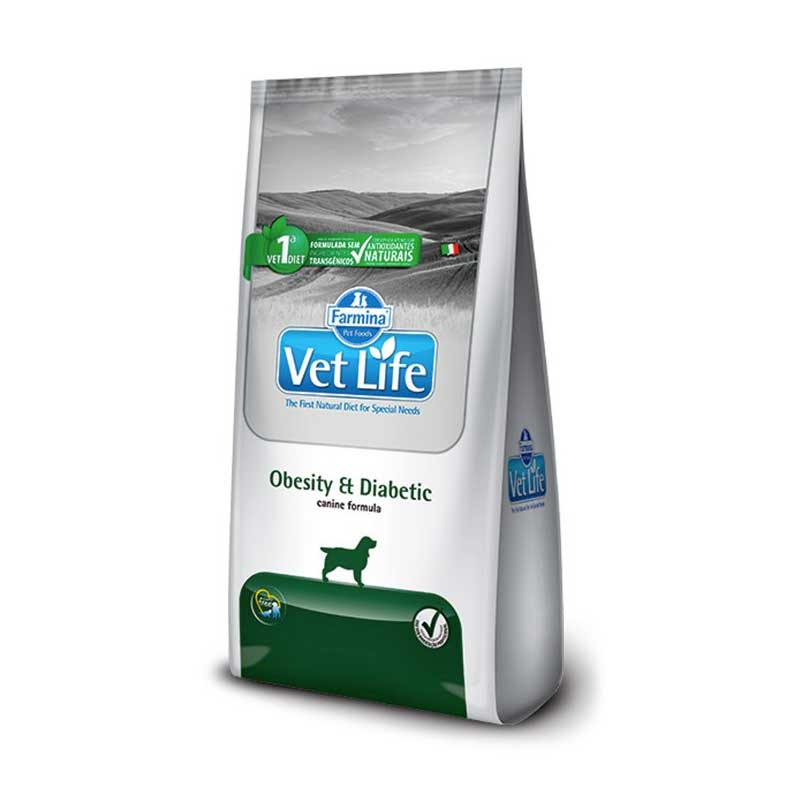 Vet Life Obesity & Diabetic para Perros en bolsa blanca con detalles verdes, alimento seco veterinario para control de peso y diabetes