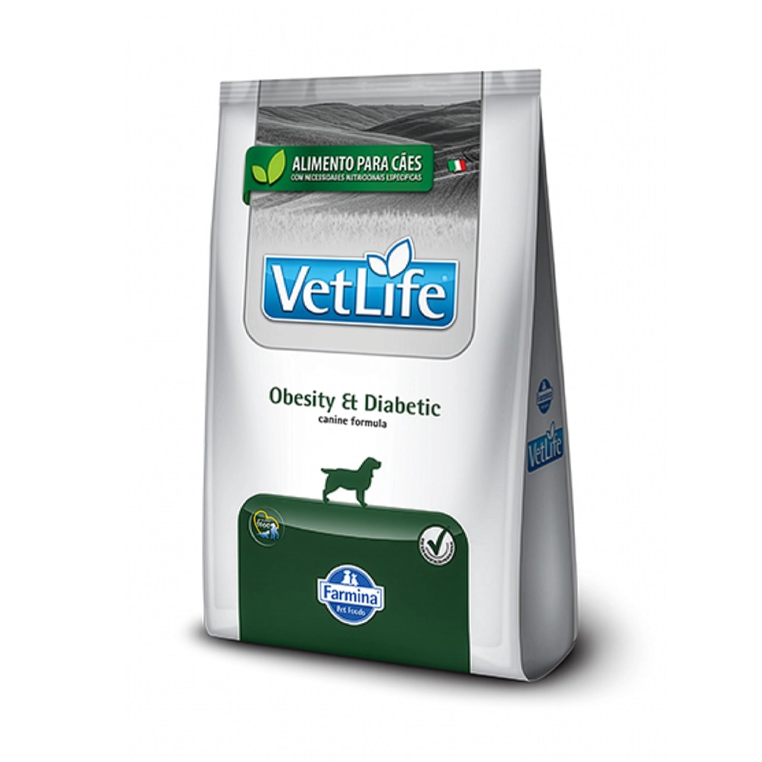 Vet Life Obesity & Diabetic para Perros en bolsa blanca con detalles verdes, alimento seco veterinario para control de peso y diabetes