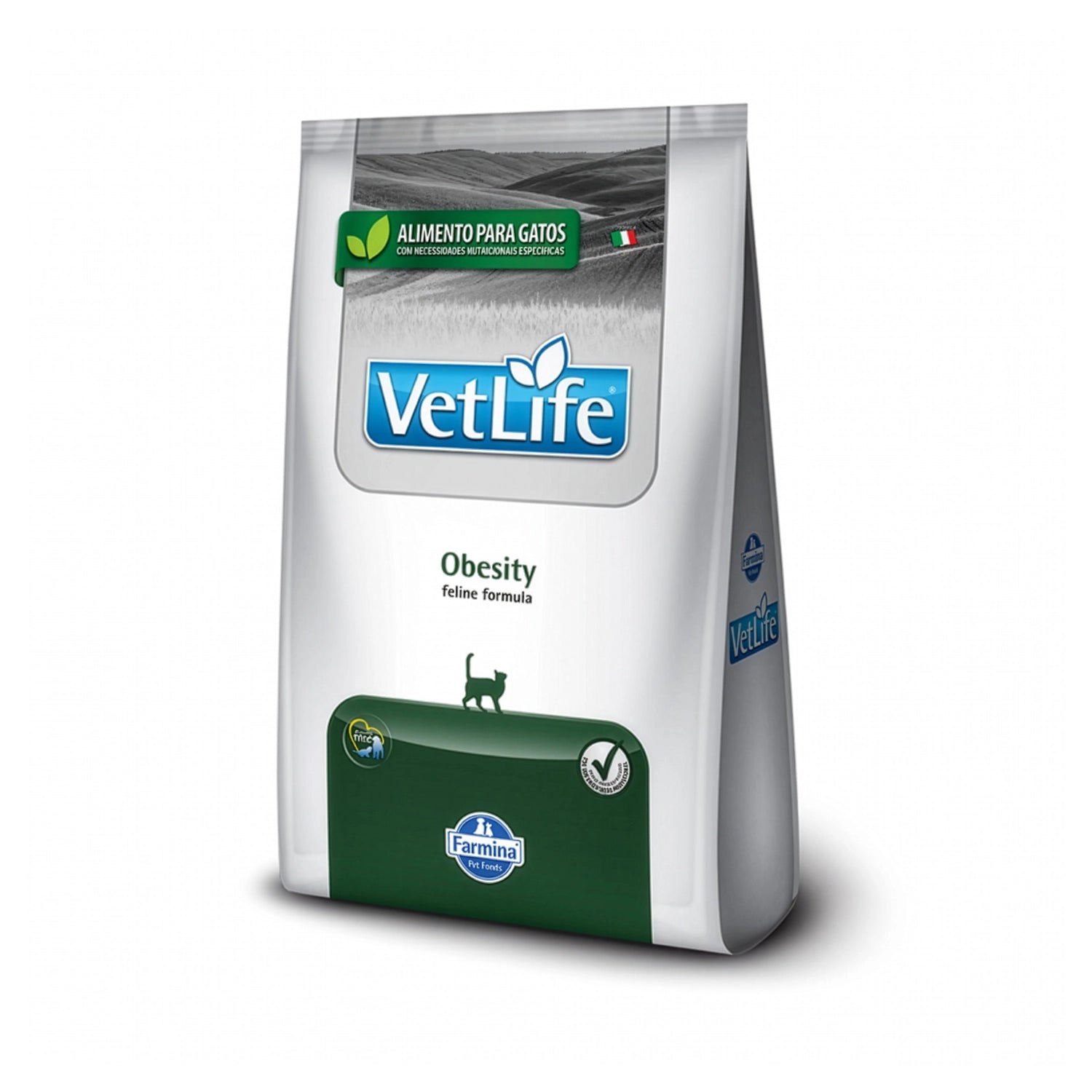 Vet Life Obesity para Gatos en bolsa blanca con detalles verdes, alimento seco veterinario para control de peso en gatos adultos