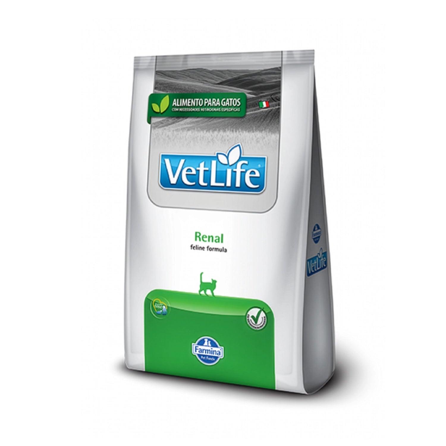 Vet Life Renal para Gatos en bolsa blanca con detalles verdes, alimento seco formulado para salud renal en gatos adultos