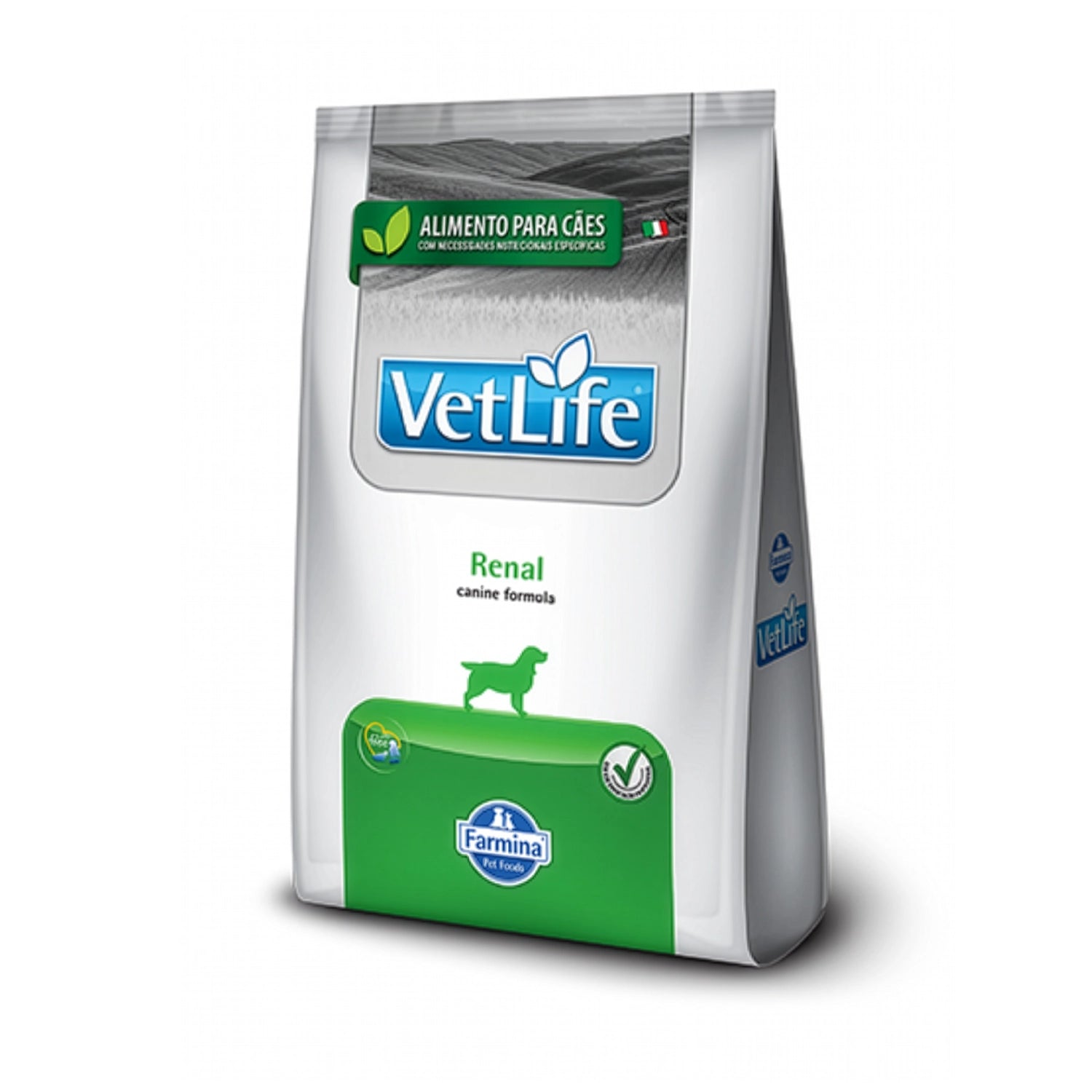 Vet Life Renal para Perros en bolsa blanca con detalles verdes, alimento seco veterinario formulado para cuidado renal canino