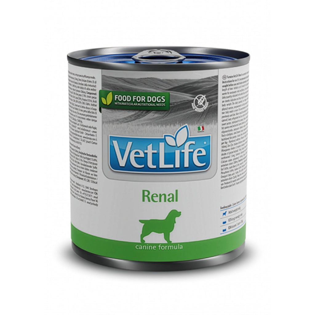 Vet Life Lata Renal para Perros con fórmula veterinaria renal en envase húmedo blanco y verde para perros