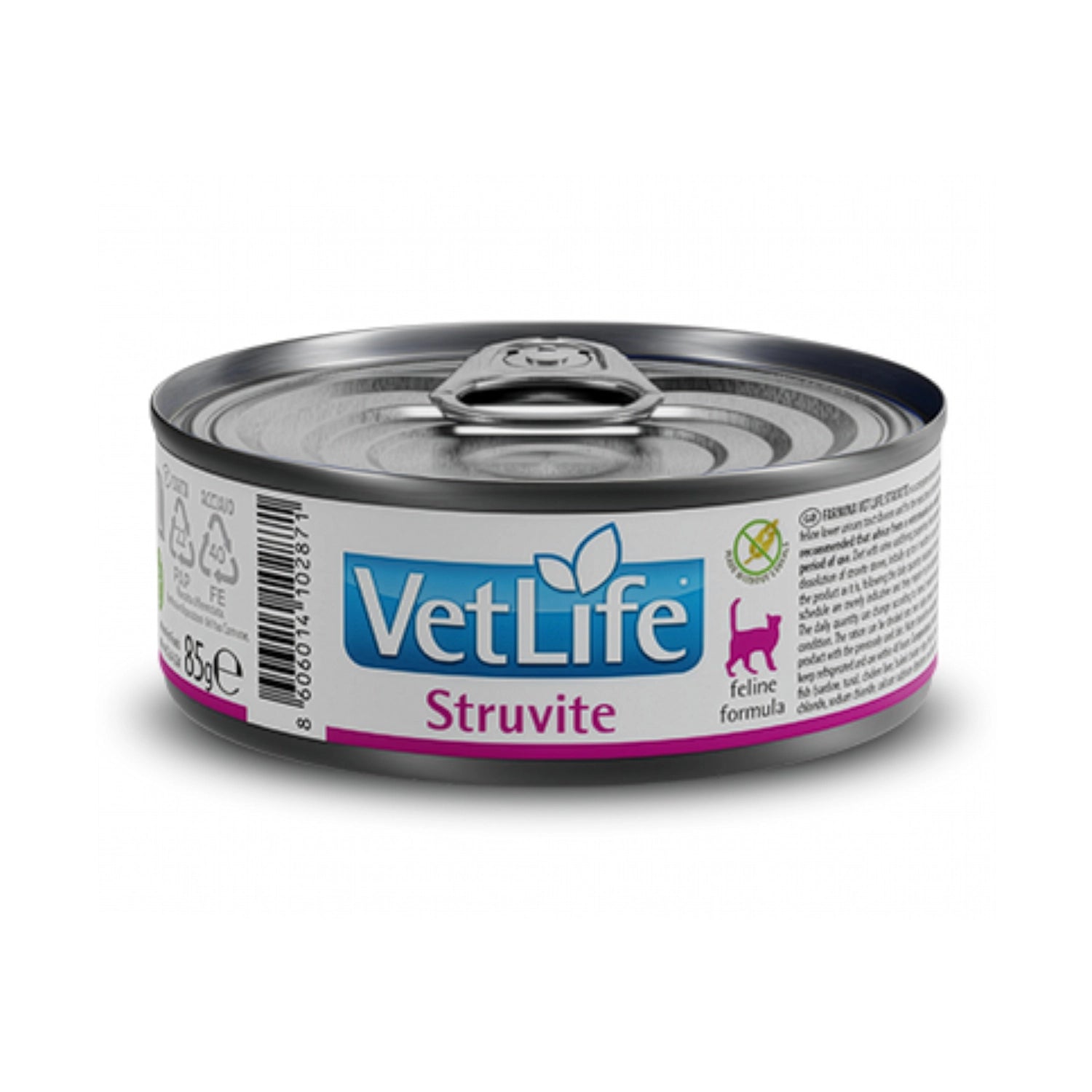 Vet Life Lata Struvite para Gatos comida húmeda Farmina en envase metálico con diseño blanco y franja rosada, indicada para tracto urinario