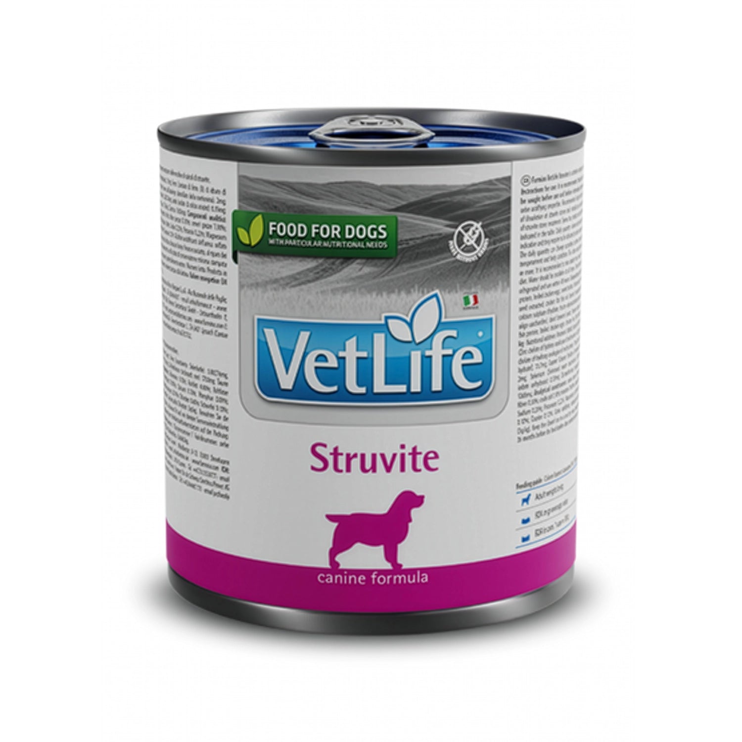 Vet Life Lata Struvite para Perros comida húmeda Farmina en envase metálico con diseño blanco, indicada para problemas urinarios