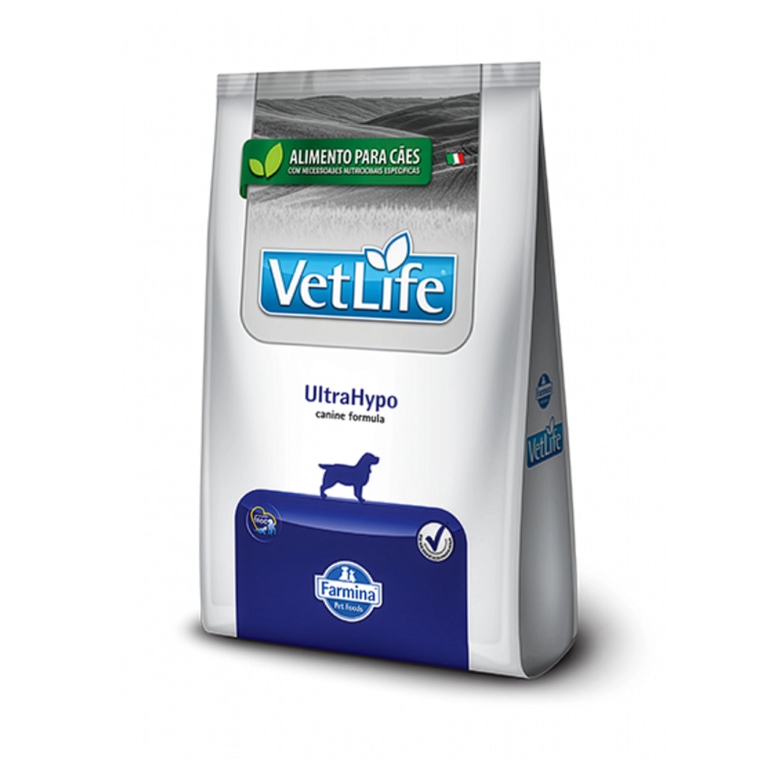 Vet Life UltraHypo para Perros saco de alimento clínico Farmina blanco y azul, dieta especial para perros con alergias alimentarias