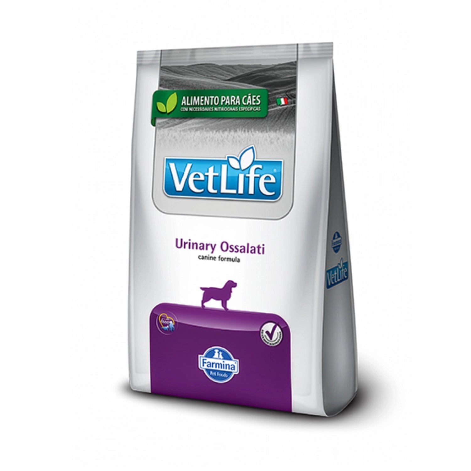 Vet Life Urinary Ossaliti para Perros en bolsa blanca con detalles morados, alimento seco veterinario para salud urinaria canina
