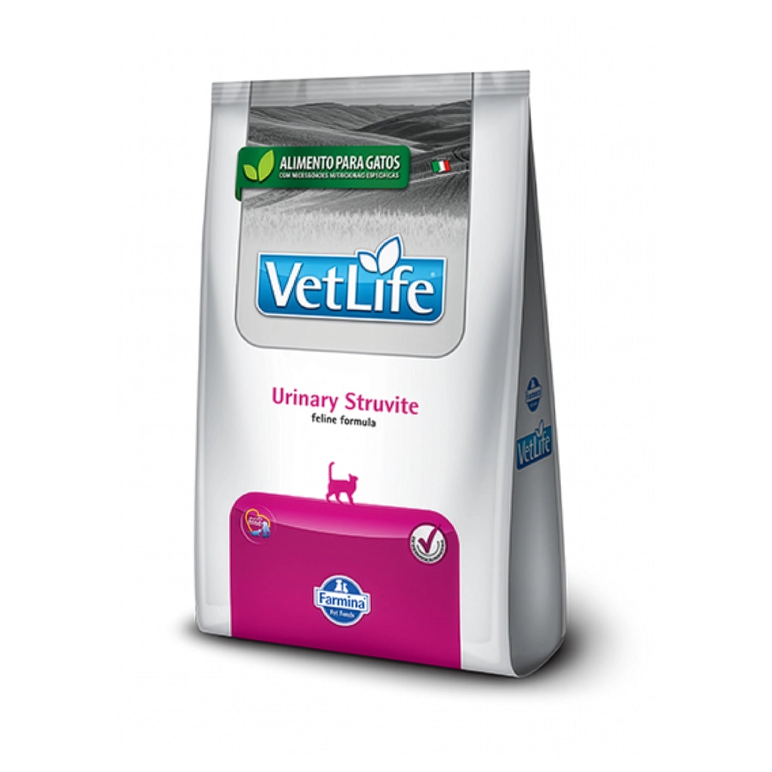 Vet Life Urinary Struvite para Gatos en bolsa blanca con detalles rosados, alimento seco veterinario para salud urinaria felina