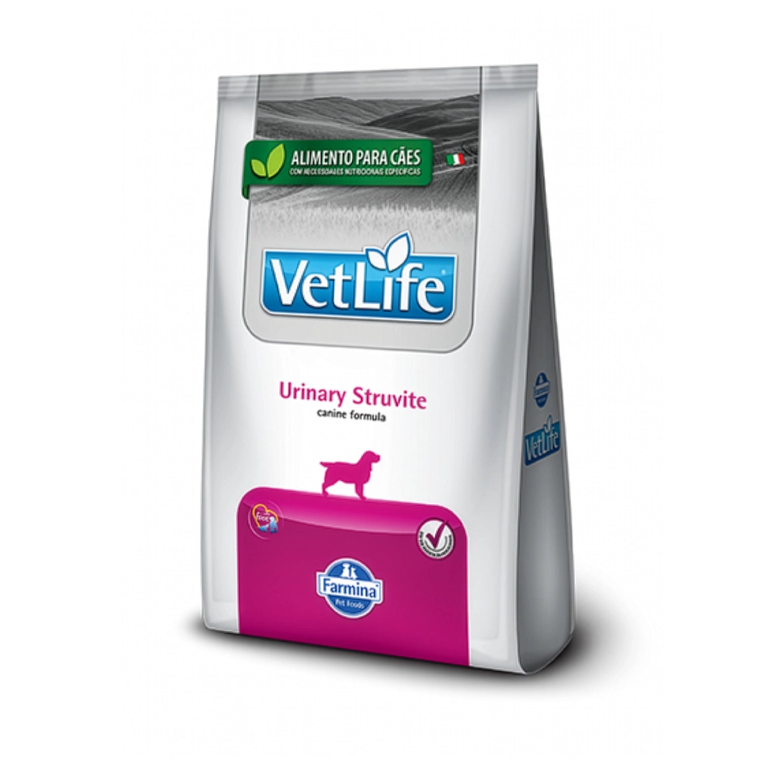 Vet Life Urinary Struvite para Perros alimento seco Farmina en bolsa blanca con detalles rosados, fórmula veterinaria para salud urinaria